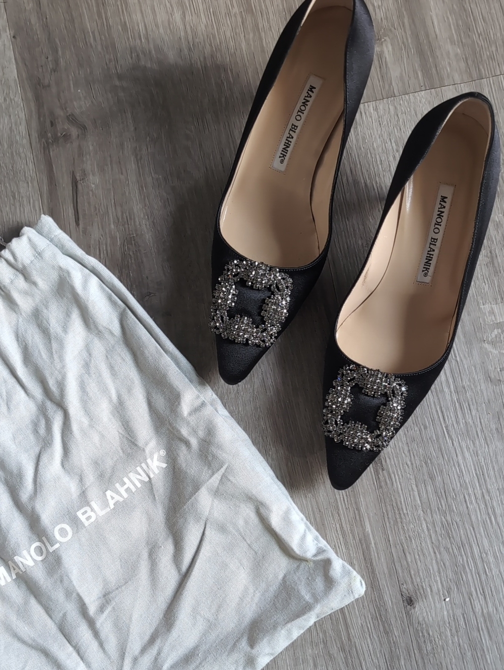 Manolo Blahnik Black Satin Crystal Buckle Pumps